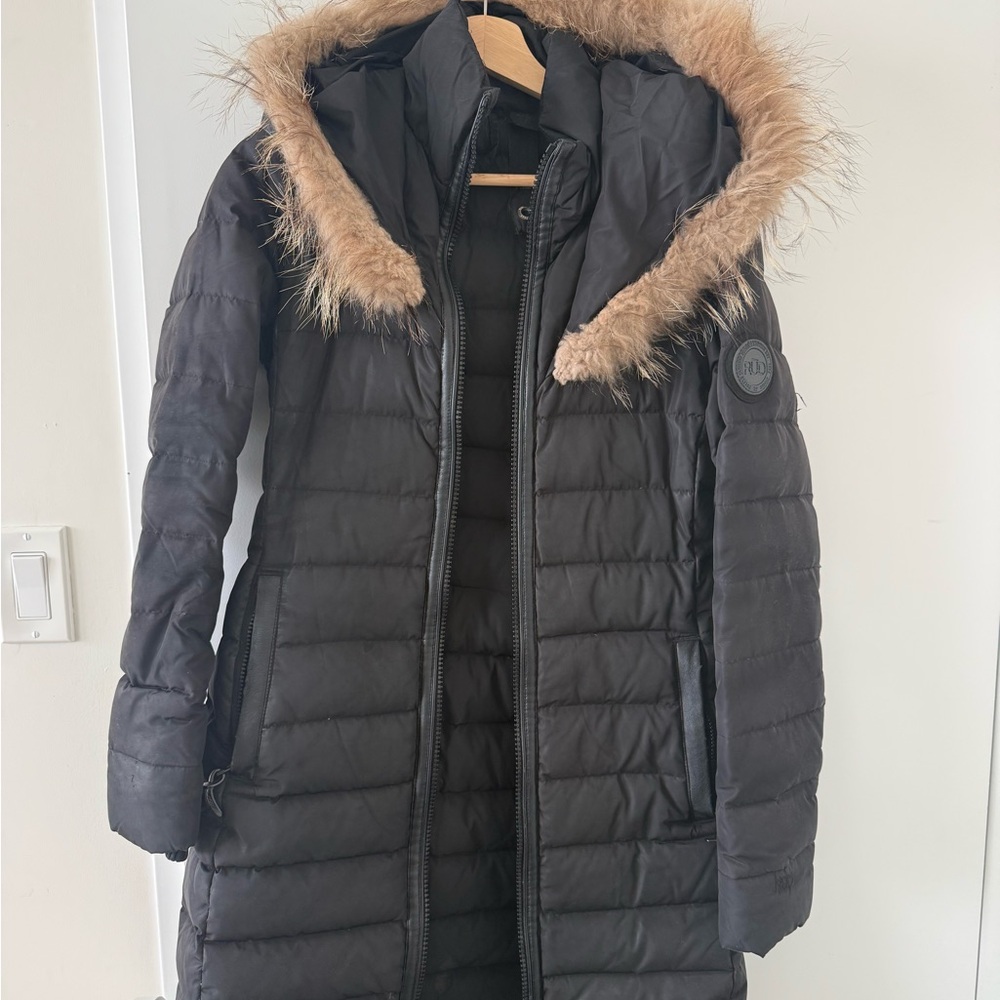 RUDSAK Black Puffer Coat with Brown Faux Fur Trim